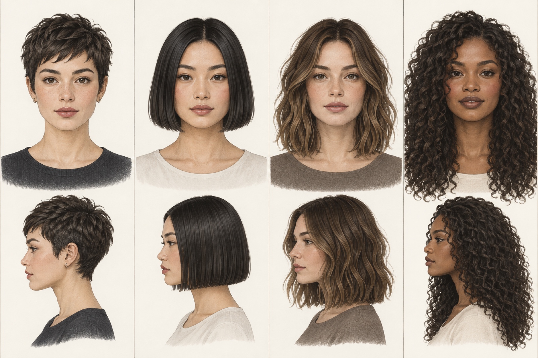 Four illustrated haircut options—cropped cut, chin-length bob, collarbone lob, and long curls—each shown from the front and side.