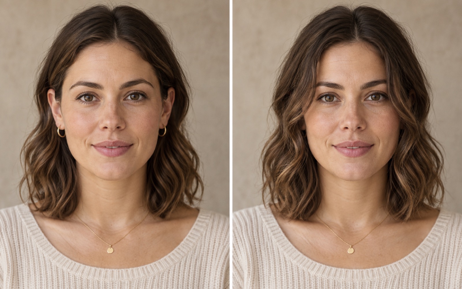 The same shoulder-length wavy haircut on one illustrated person, tucked behind both ears on the left and worn with loose front pieces on the right.