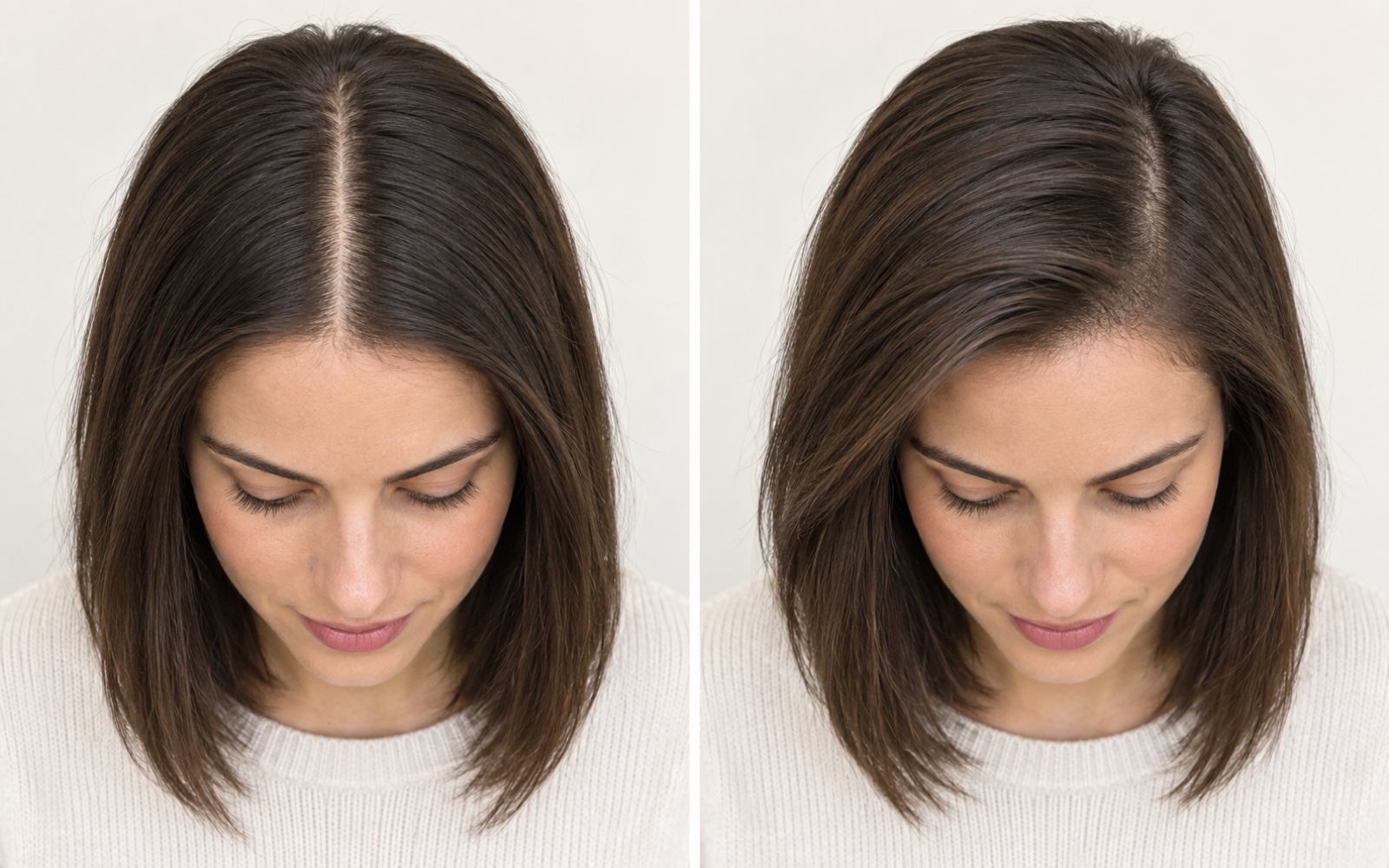 Two close-up illustrations of the same shoulder-length straight haircut viewed from above, with a center part on the left and a side part on the right.