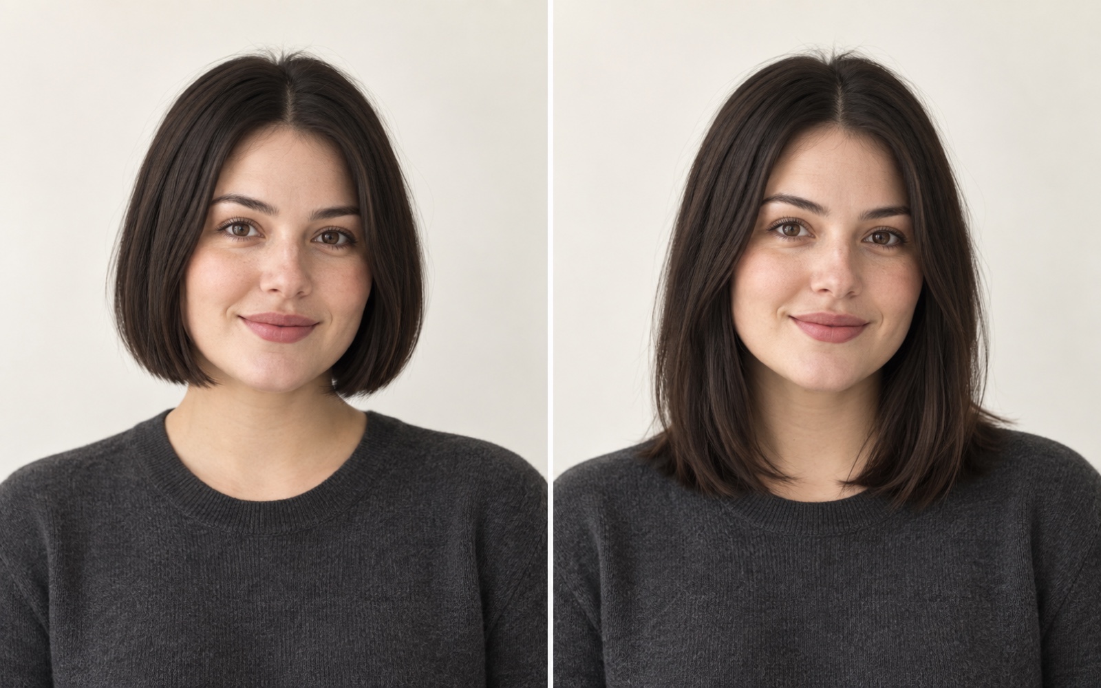 Jaw-length bob and collarbone lob on the same illustrated face.