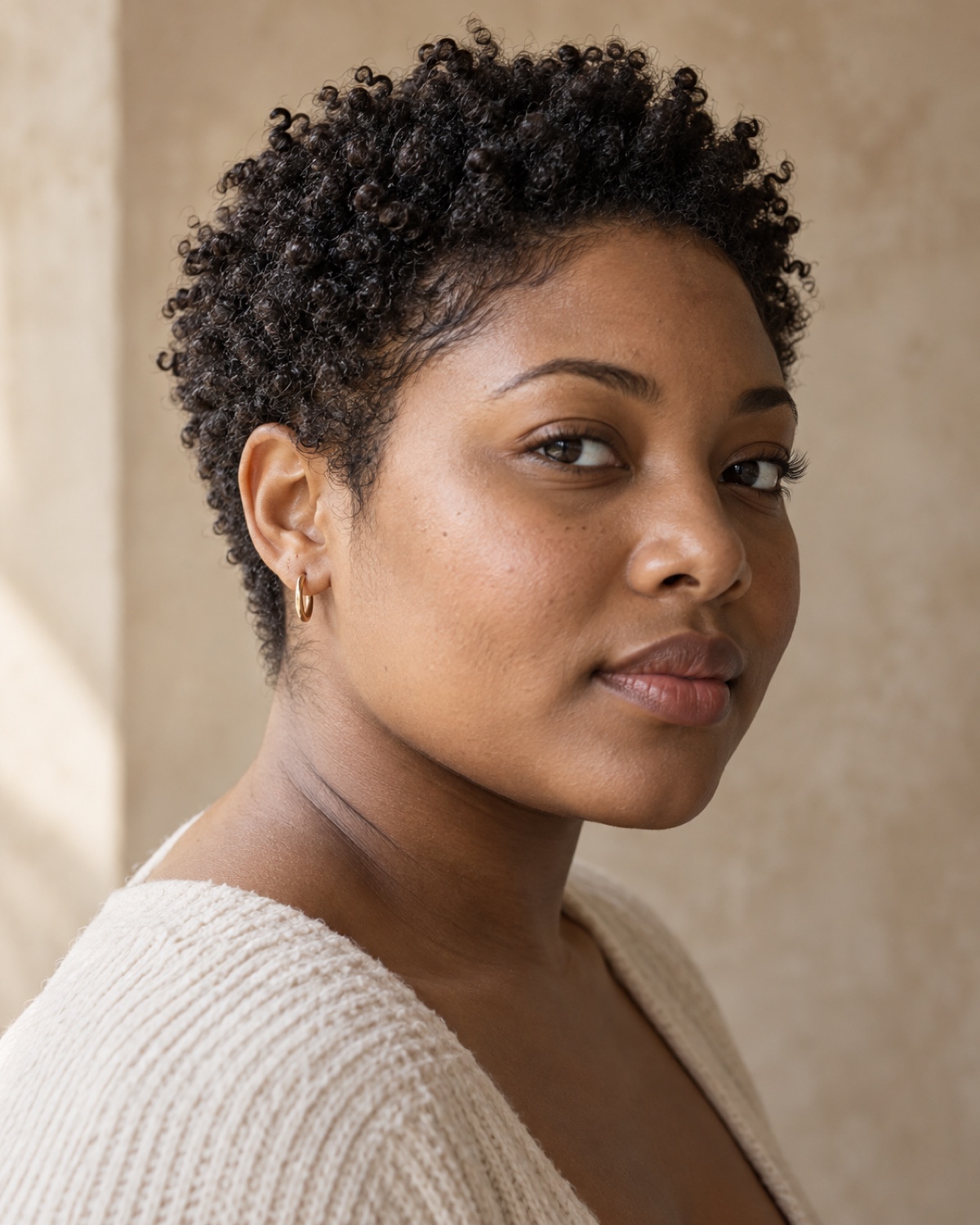 A cropped coily hairstyle shown from three quarters, with the ear and nape visible.